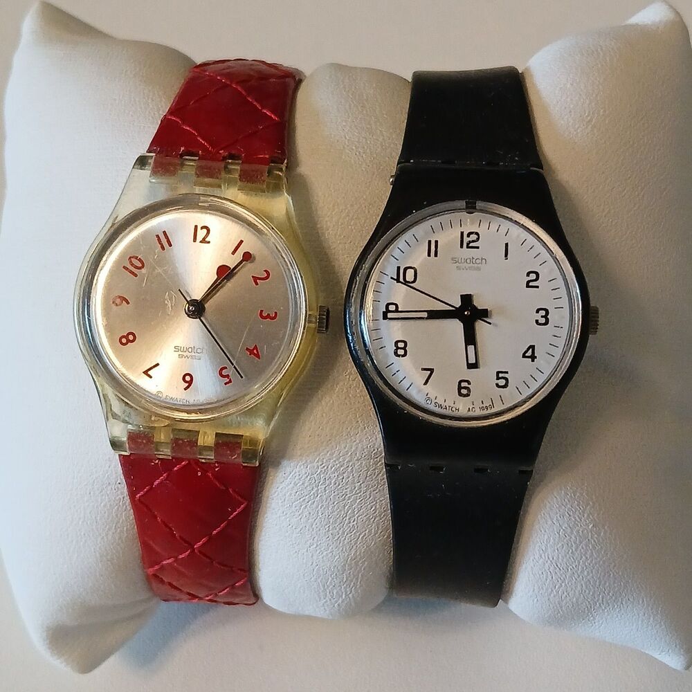 Vintage Swatch Watch Lot of 2 Swiss Quartz Red Clear Black AG 1999, AG 2003 25mm